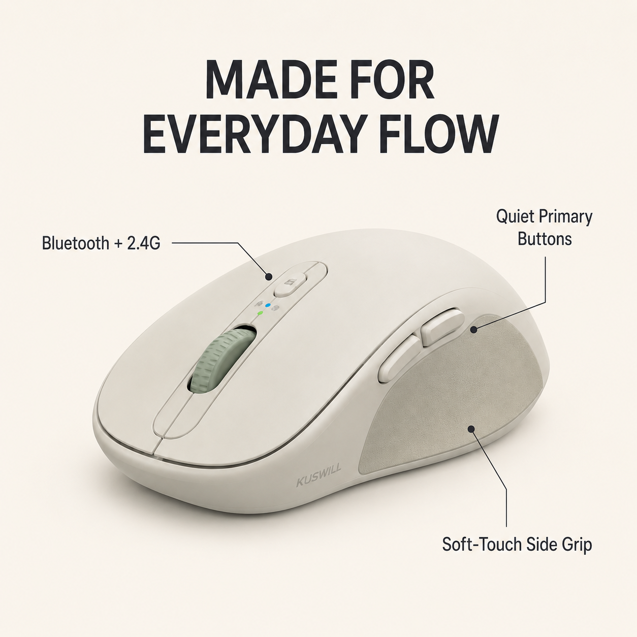 KUSWILL QuietFlow M1 Silent Dual-Mode Wireless Mouse