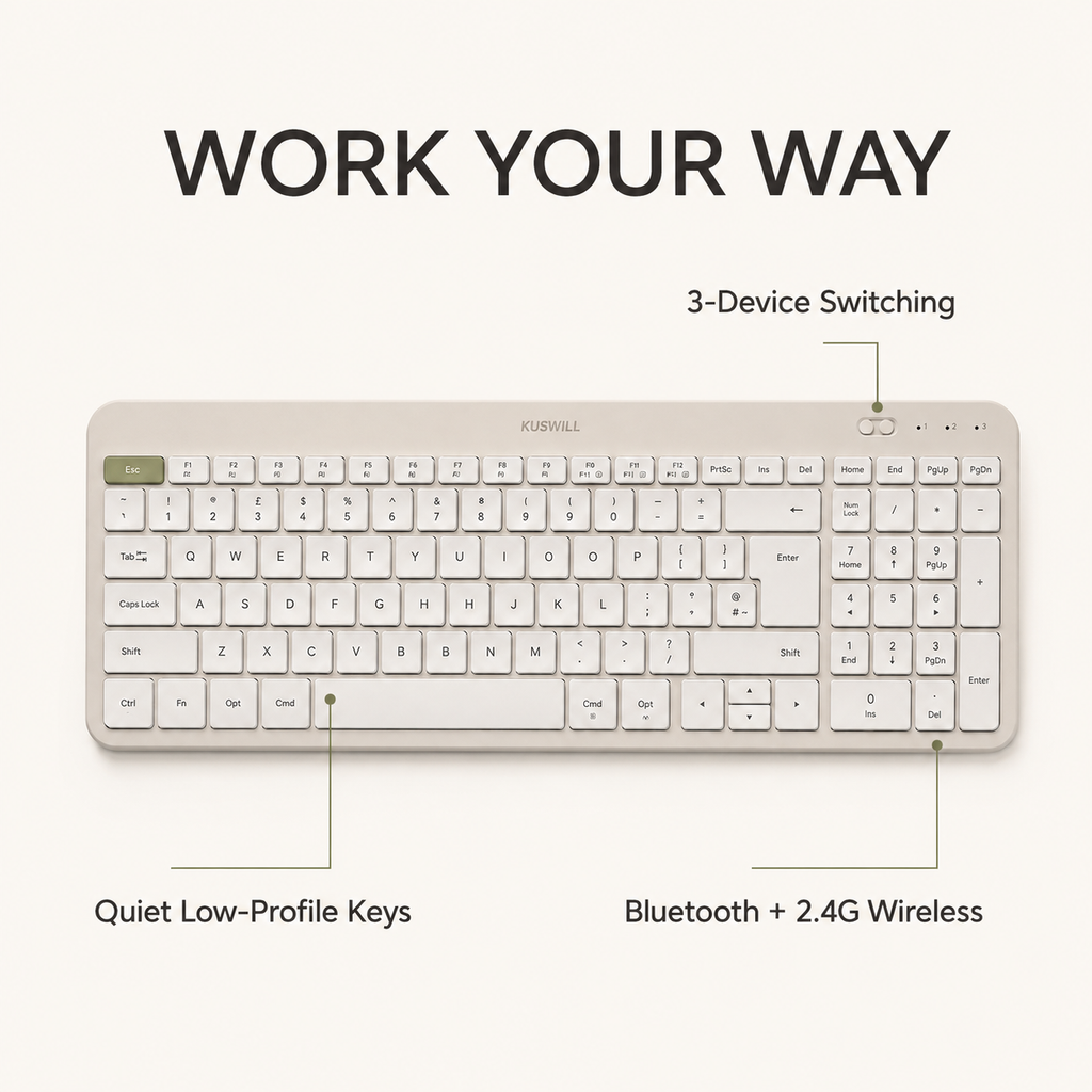 KUSWILL QuietFlow K1 Quiet Multi-Device Wireless Keyboard