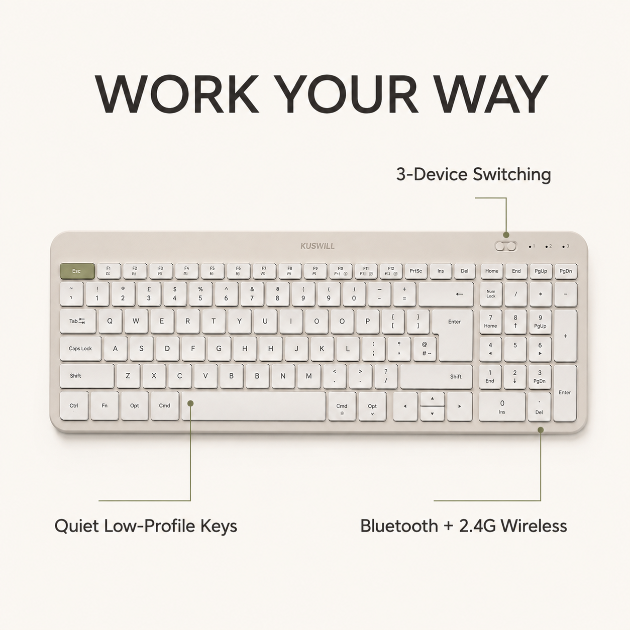 KUSWILL QuietFlow K1 Quiet Multi-Device Wireless Keyboard